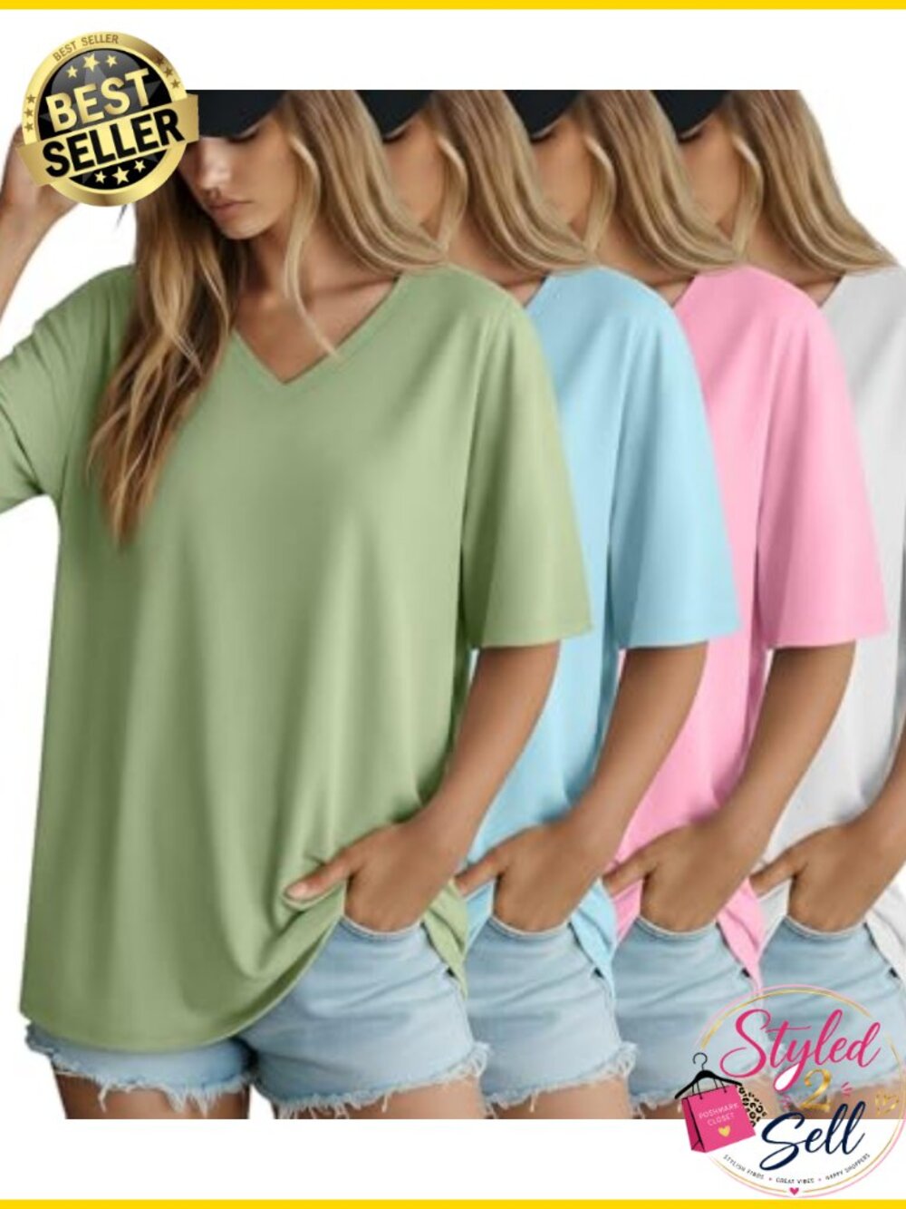 Women Oversized Cotton V Neck Short Sleeve T Shirts 4 Pack